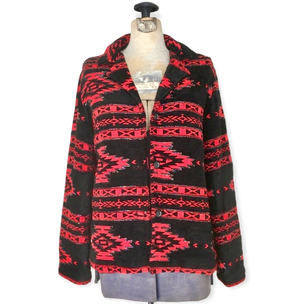 Vintage 90s Chenille Southwestern Beaded Blazer Jacket - Picture 6 of 16